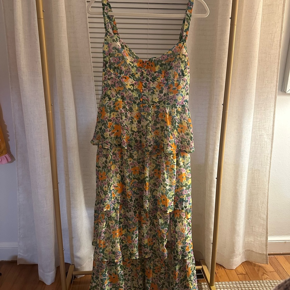 ASTR Floral Tiered Maxi Dress in Yellow and Green